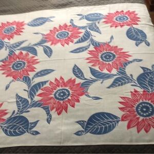 Vintage linen tablecloth with red sunflowers and Blue leaves.